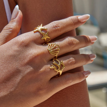 J&D Women's Coastal Rings Set 18K Gold Plated Open Shell Coral Starfish Adjustable Stackable Minimalist Rings Ocean Jewelry