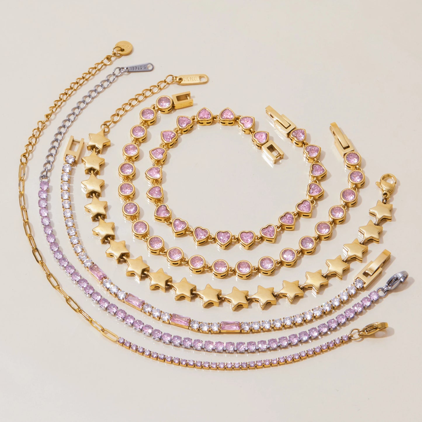 J&D 18K Gold Plate Stainless Steel Bracelet Classic Heart Pink Zircon Watch Strap Chain Tennis Bracelets