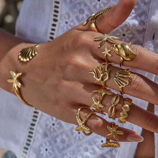 J&D Women's Coastal Rings Set 18K Gold Plated Open Shell Coral Starfish Adjustable Stackable Minimalist Rings Ocean Jewelry