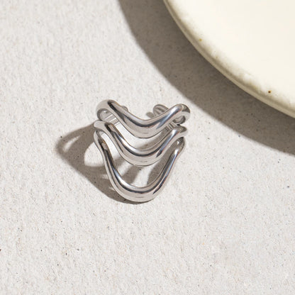 J&D 18k Gold Stainless Steel Adjustable Ripple Wave Cutout Open Ring Trendy Irregular Hollowed Minimalist Style