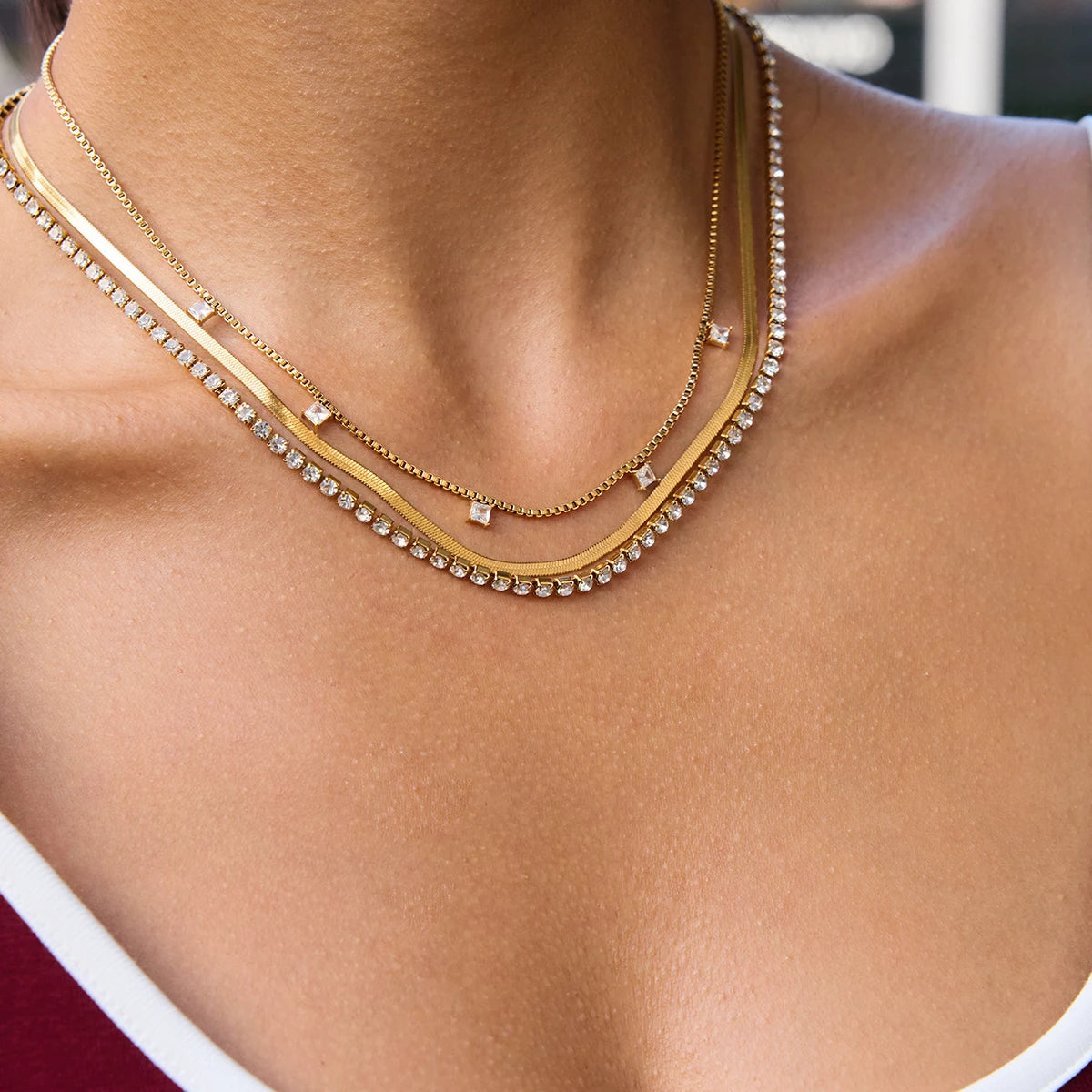 J&D Luxury 18K Gold Stainless Steel square Zircon Pendant Rhinestone Chain Blade Chain Multi-layer Necklaces
