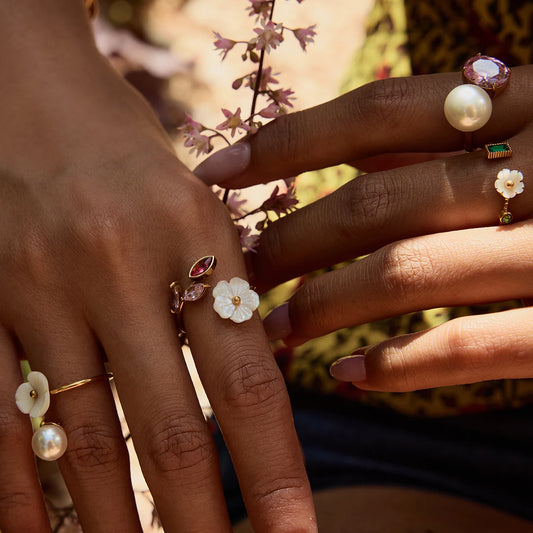 J&D Trendy Sweet and Sassy White Pearl Flower Purple Pink Red Green Zircon Open Ring