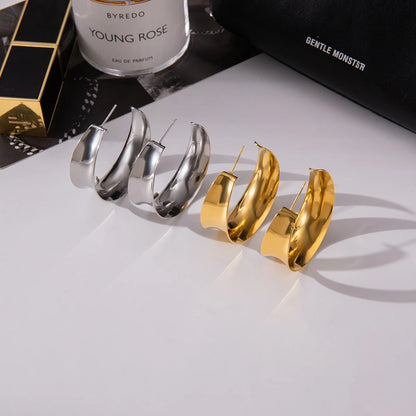 J&D Minimalist 18K Gold Plated Stainless Steel Earring C-Circle Concave Moon Hoop Earring Jewelry