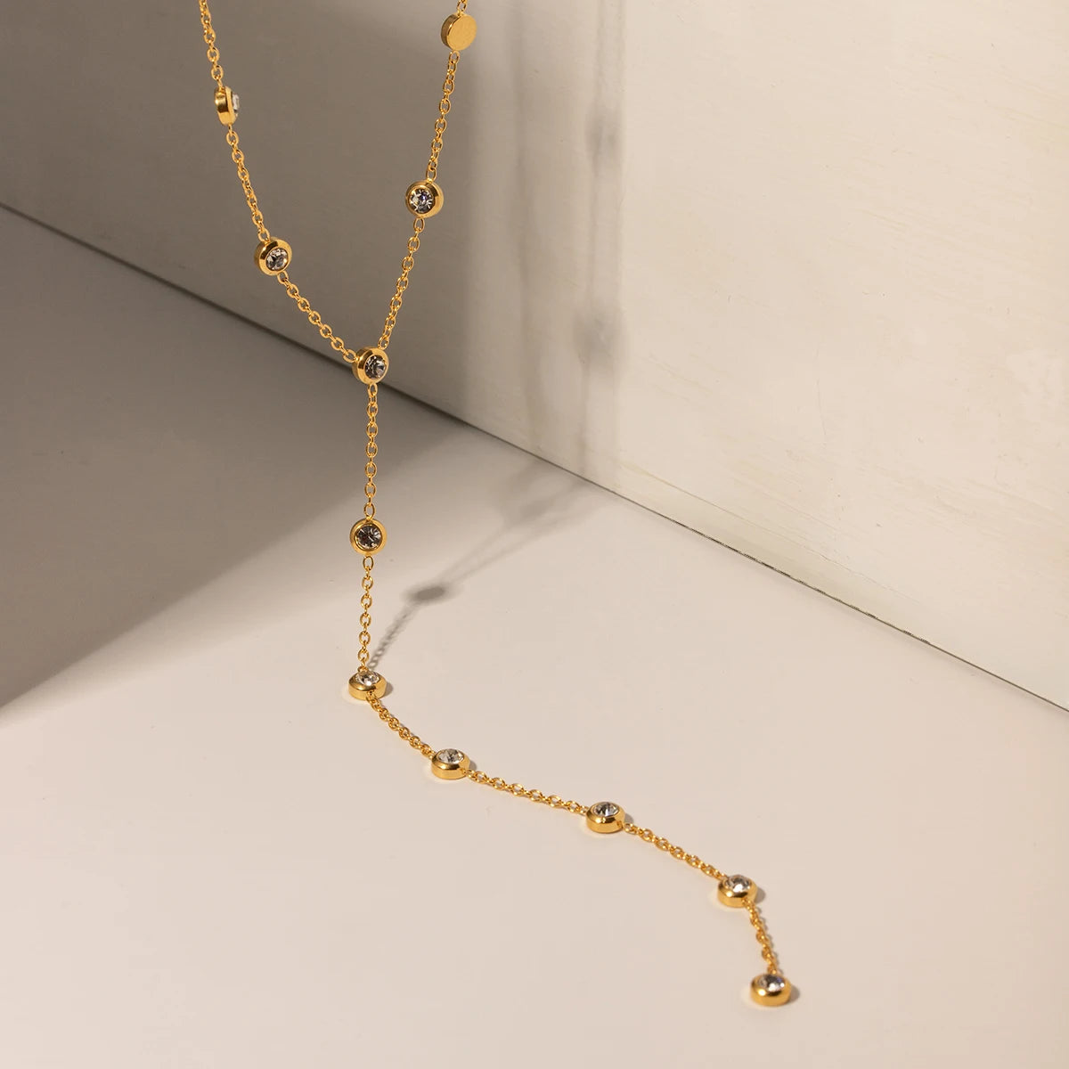 J&D Jewelry Dainty 18K PVD Gold Plated Stainless Steel Cubic Zirconia Long Y Shape Chain Necklace
