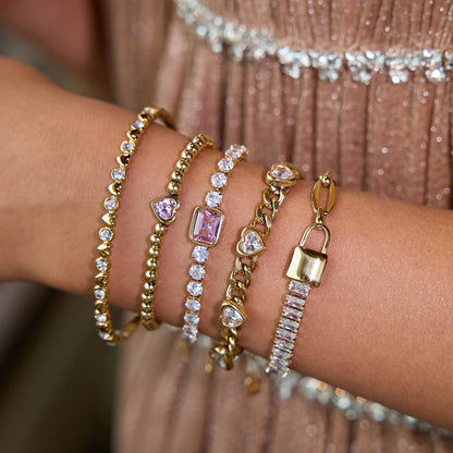 J&D 18K Gold Plate Stainless Steel Bracelet Trendy Romance Heart Zircon Lockable Tennis Bracelets Semi Mount