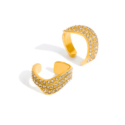 J&D Classic Design Women 18K Gold Stainless Steel Three-layer White Rhinestone Wave Ear Cuff Earrings