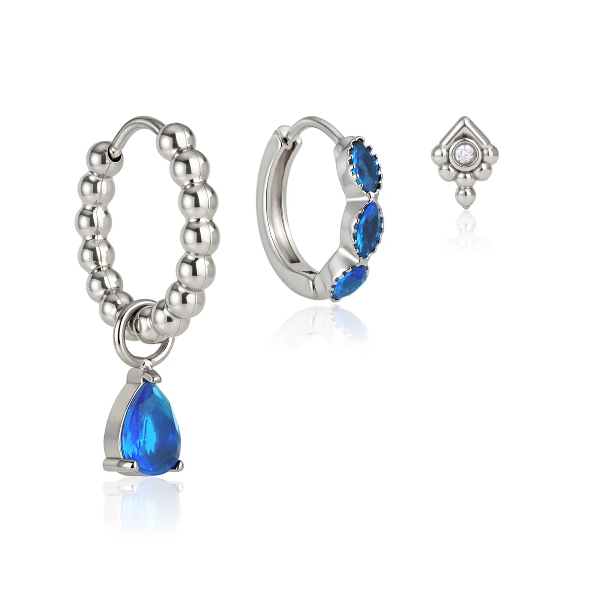 J&D Jewelry Sweet 3-Piece Blue Zirconia Earring Set Silver Color Stainless Steel Waterproof Drop Huggie Stud Earrings for Women