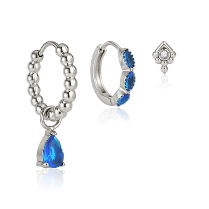 J&D Jewelry Sweet 3-Piece Blue Zirconia Earring Set Silver Color Stainless Steel Waterproof Drop Huggie Stud Earrings for Women