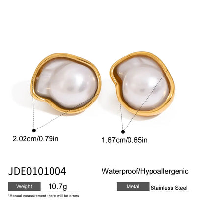 J&D Ladies 18K Gold Stainless Steel Resin High Bright Shell Pearl Shaped Stud Earrings Elegant Style