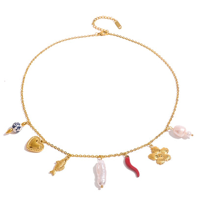 J&D 18K Gold Plating Stainless Steel Heart Shell Ceramic Coral  Starfish Conch Sea  Snail Fish Pearl Shell Ocean Charms Necklace