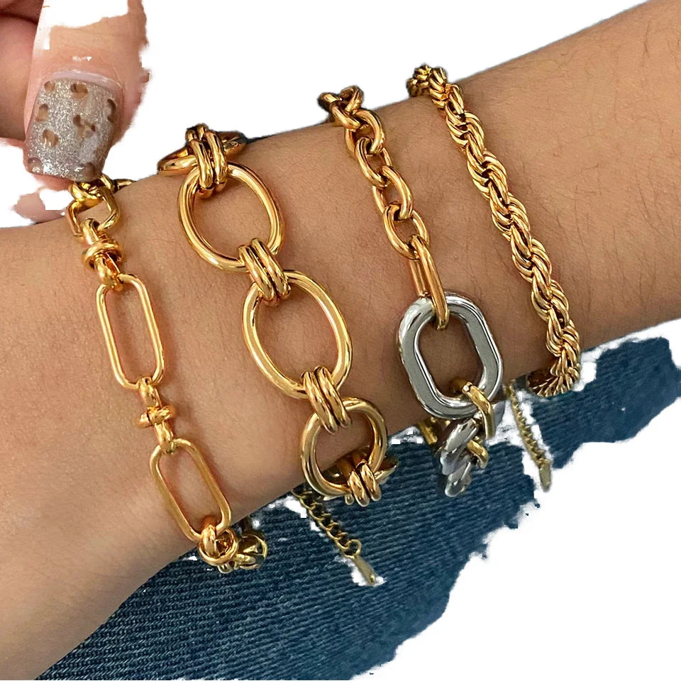 J&D Minimalist Handmade 18K Real Gold Stainless Steel Chain Bracelet Punk Fashion Style Jewelry Bangle