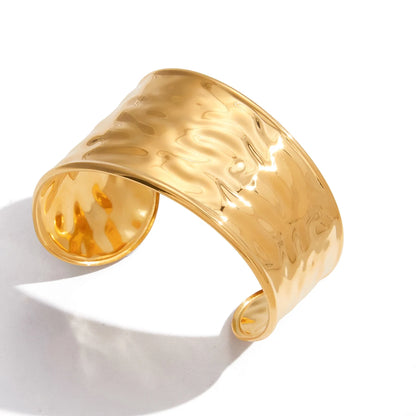 J&D 18K PVD Gold Plate Stainless Steel Bracelet Winter Trendy Minimalist Style Wide Wavy Cuff Bangle