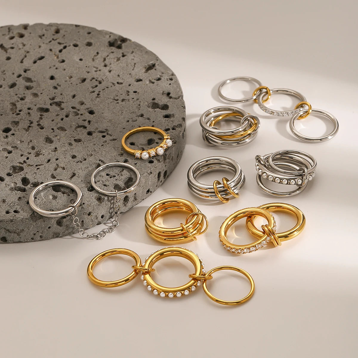 J&D Luxury 18K Gold Plated Stainless Steel  Rings Women Jewelry Irregular Wave Double Finger Rings Sets