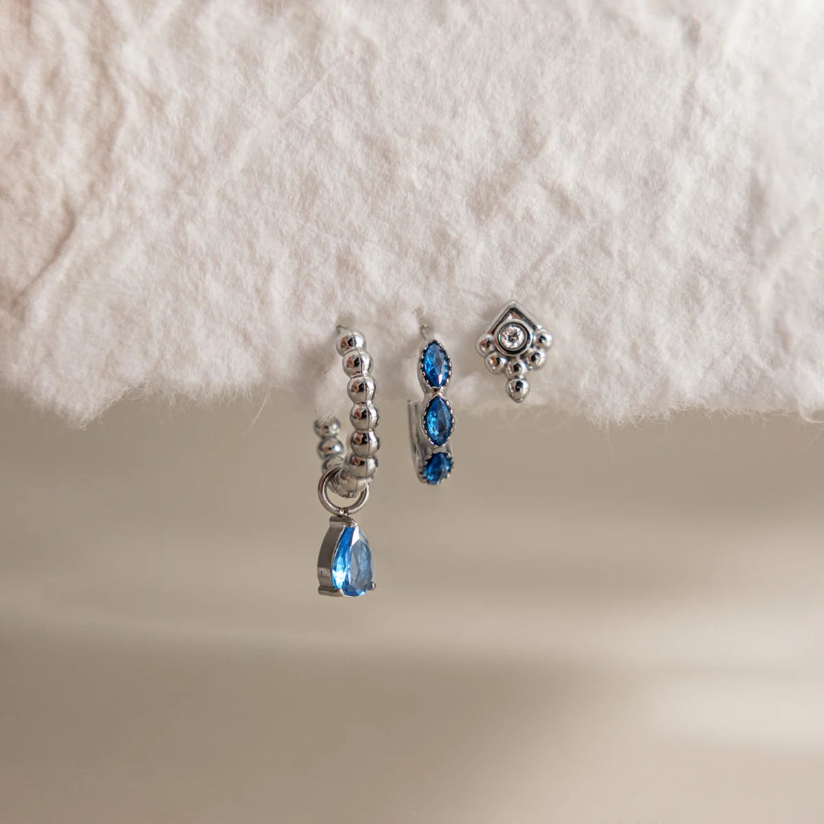 J&D Jewelry Sweet 3-Piece Blue Zirconia Earring Set Silver Color Stainless Steel Waterproof Drop Huggie Stud Earrings for Women