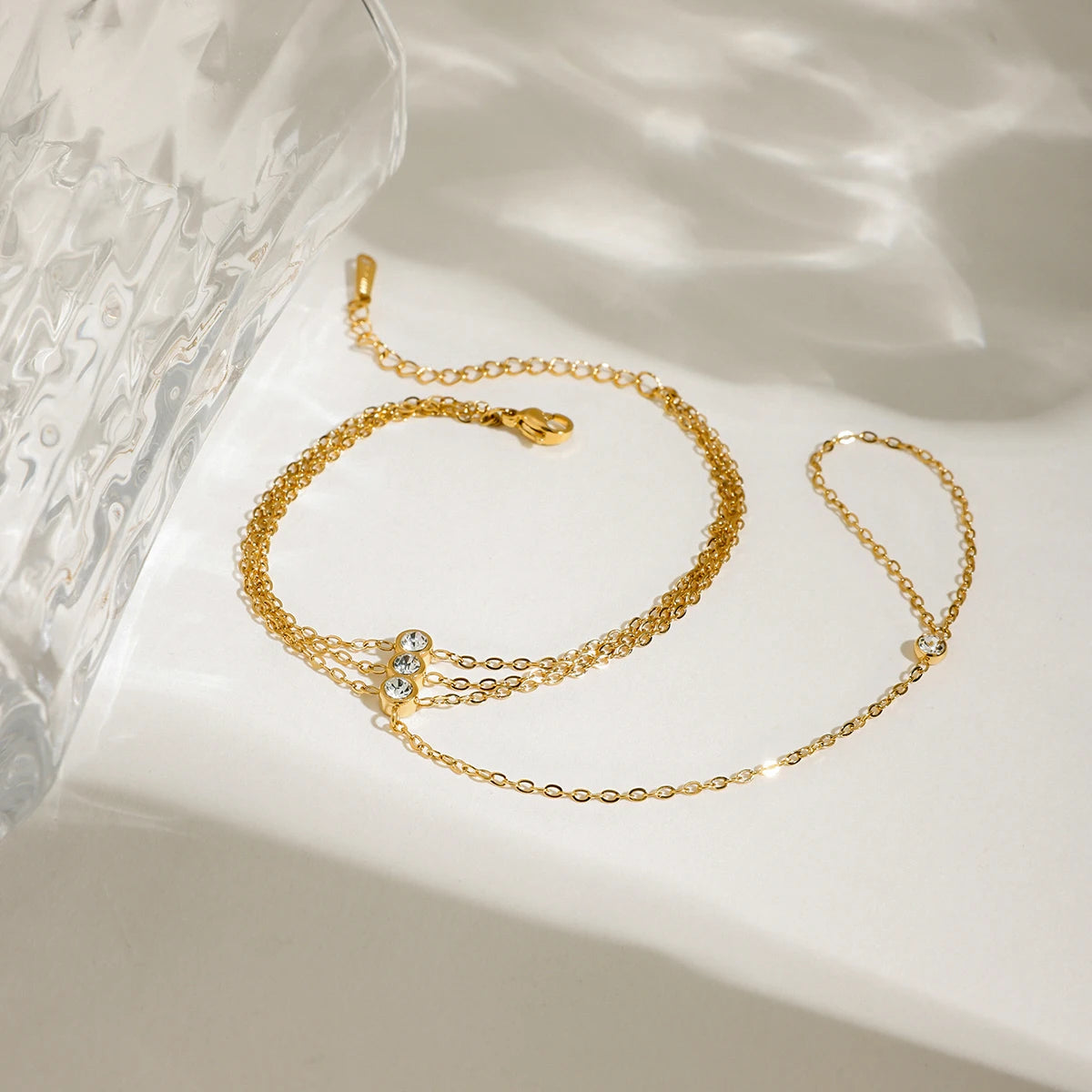 J&D 18K Gold Plated Stainless Steel Bracelets Holiday Fashion Jewelry Three-layer Zircon Hand Chain Finger Bracelet