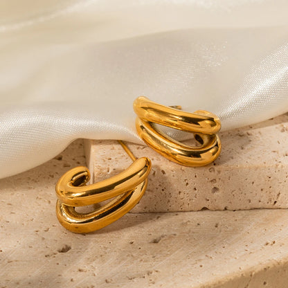Charm Stainless Steel 18K Gold Plated Jewelry CC Shaped Double Layer Hollow Earrings for Women