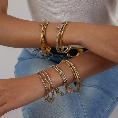 J&D Classic Style 3 Layers Bangle 18K Gold Plated Stylish Multi Layers Wave Line Plain Zirconia Bangle Bracelet