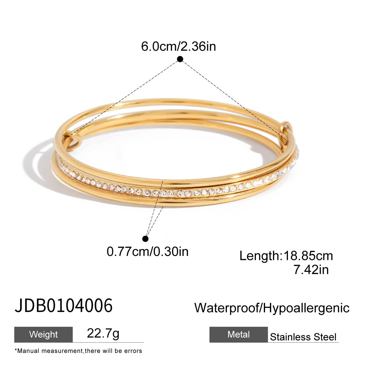 J&D Classic Style 3 Layers Bangle 18K Gold Plated Stylish Multi Layers Wave Line Plain Zirconia Bangle Bracelet