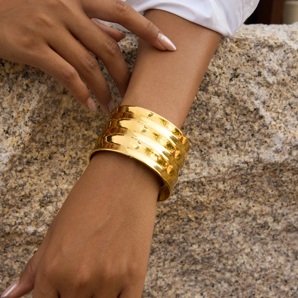 J&D 18K PVD Gold Plate Stainless Steel Bracelet Winter Trendy Minimalist Style Wide Wavy Cuff Bangle