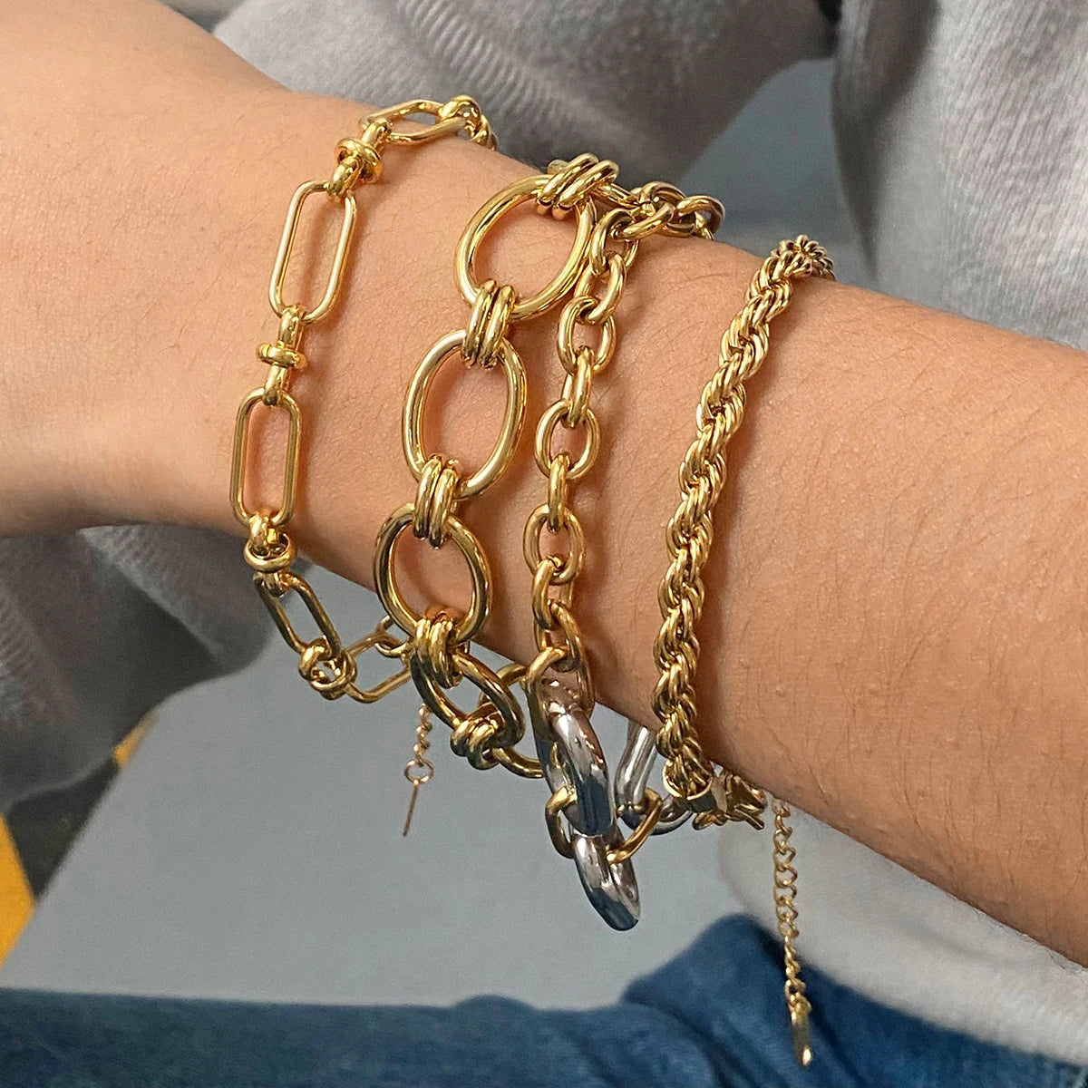 J&D Minimalist Handmade 18K Real Gold Stainless Steel Chain Bracelet Punk Fashion Style Jewelry Bangle