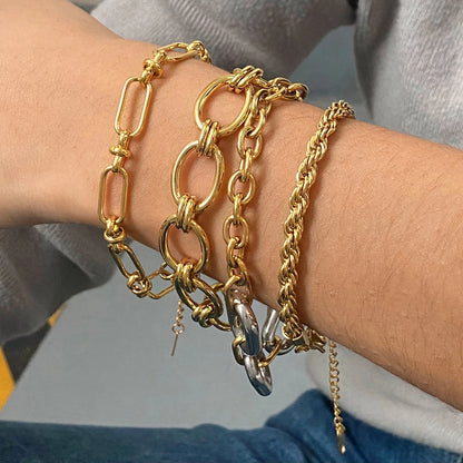 J&D Minimalist Handmade 18K Real Gold Stainless Steel Chain Bracelet Punk Fashion Style Jewelry Bangle