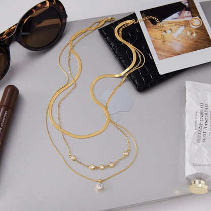 J&D Jewelry Waterproof Stainless Steel 18K PVD Gold Plating Three Layers Round Flat Snake Chain Necklace