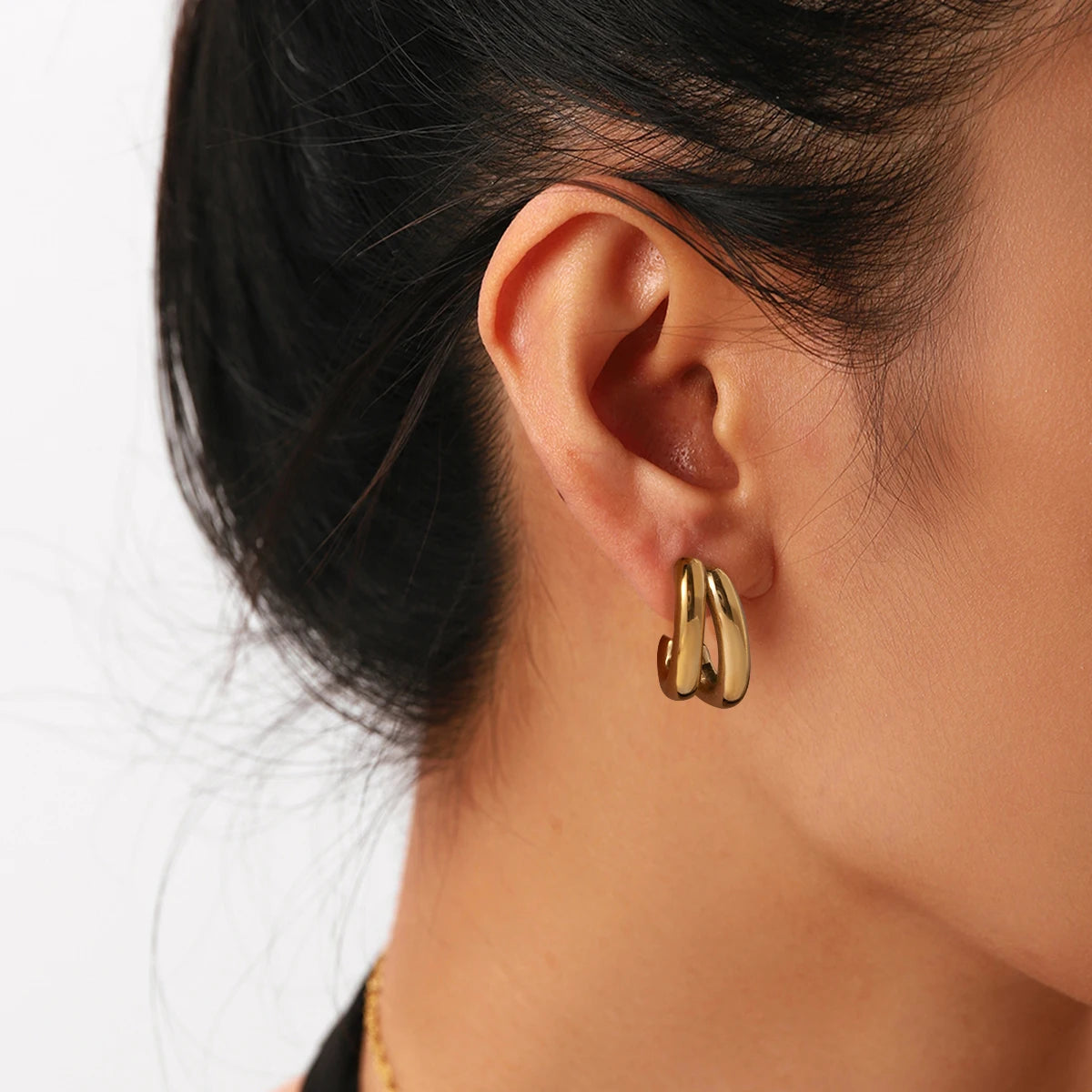 Charm Stainless Steel 18K Gold Plated Jewelry CC Shaped Double Layer Hollow Earrings for Women