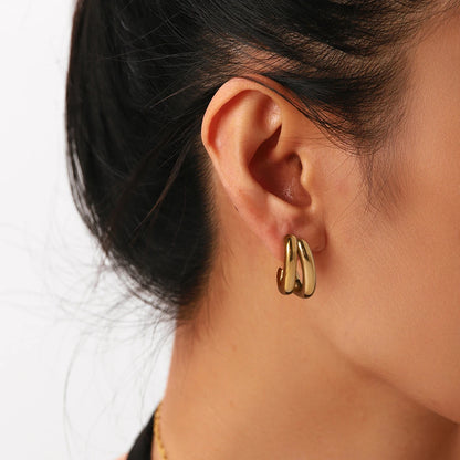 Charm Stainless Steel 18K Gold Plated Jewelry CC Shaped Double Layer Hollow Earrings for Women