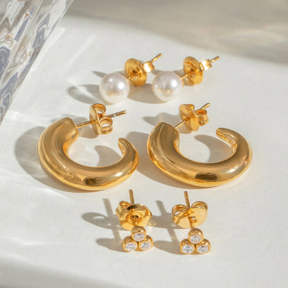 J&D C-Shape Earrings Set 18k Gold Stainless Steel With White Zircon Pearl Everyday Elegance With Textured Finish Gold Plated