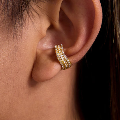 J&D Classic Design Women 18K Gold Stainless Steel Three-layer White Rhinestone Wave Ear Cuff Earrings