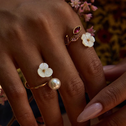 J&D Trendy Sweet and Sassy White Pearl Flower Purple Pink Red Green Zircon Open Ring