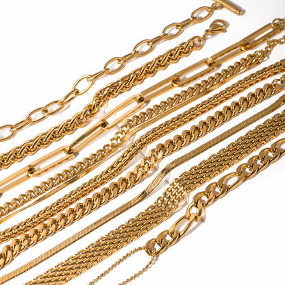 J&D Fashion Waterproof Stainless Steel 18K Gold Plated PVD Simple Link Chain Jewelry Bracelet Set Low Key Luxury