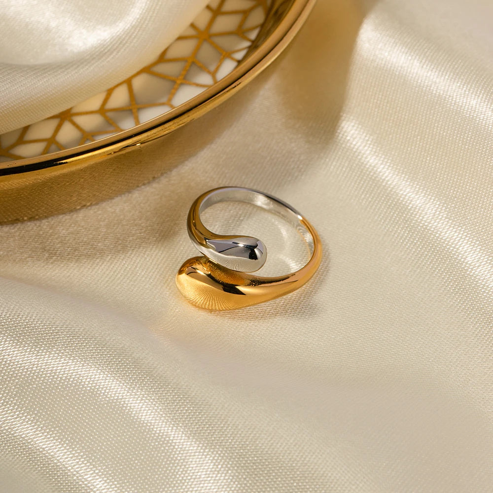 J&D Design Two-tones Ring 18K PVD Gold Plated Stainless Steel  Ring Two Tone Colorblock Cross Asymmetric Open Ring