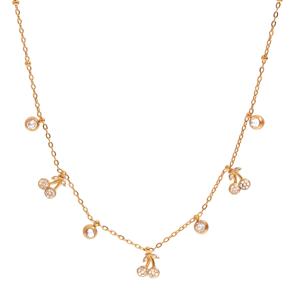 J&D Classic Jewelry 18K Gold Stainless Steel Dainty Necklaces Women Rhinestone Cherry Charms Necklaces