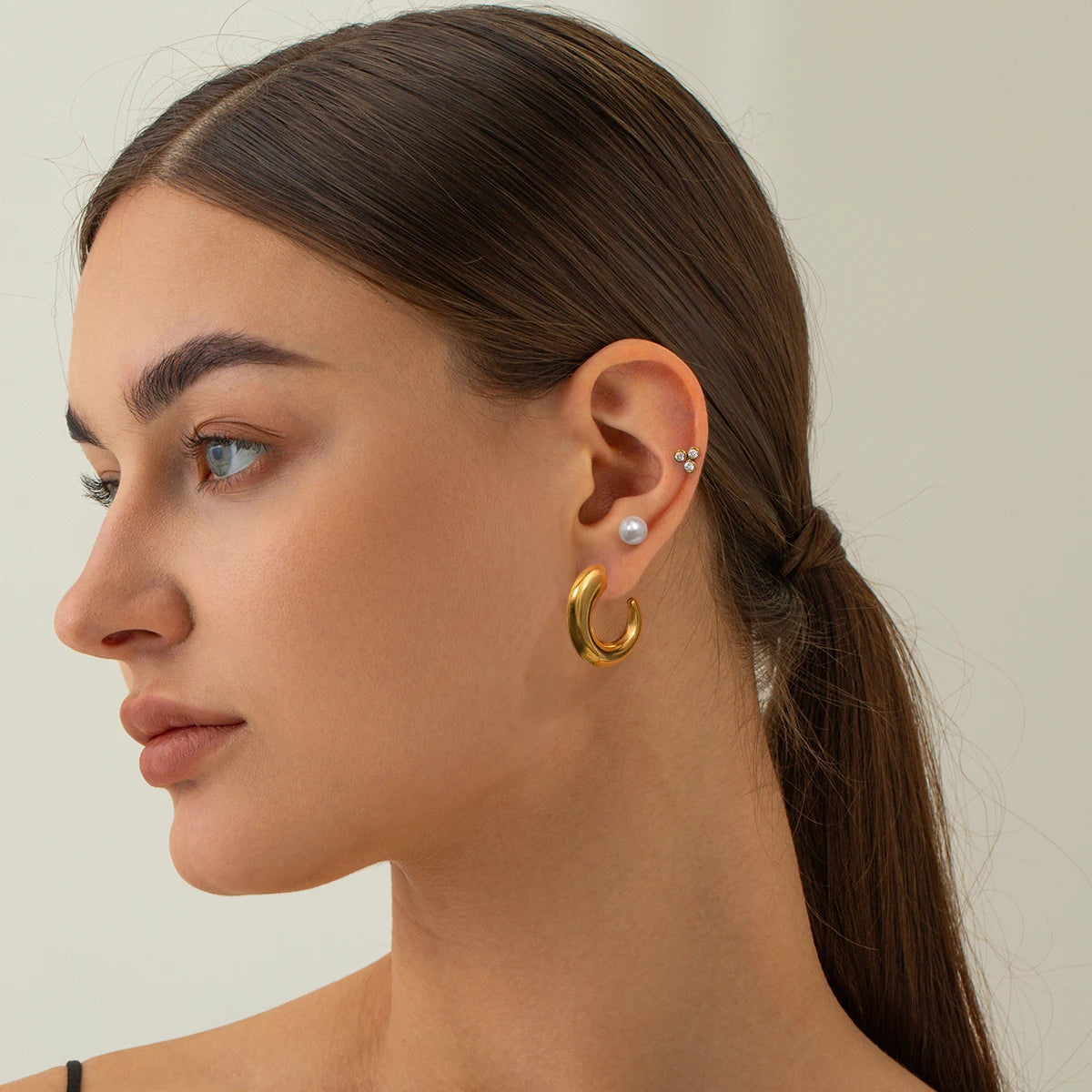J&D C-Shape Earrings Set 18k Gold Stainless Steel With White Zircon Pearl Everyday Elegance With Textured Finish Gold Plated