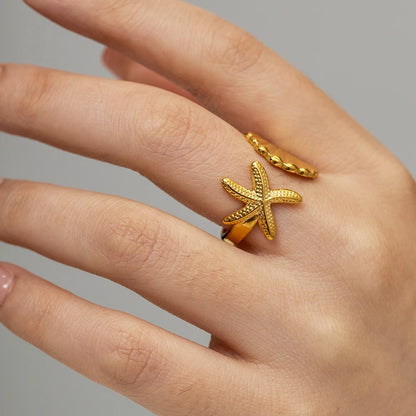 J&D Summer Design Stainless Steel 18K Gold Earrings Textured Shell Starfish Stud Earrings Rings Set