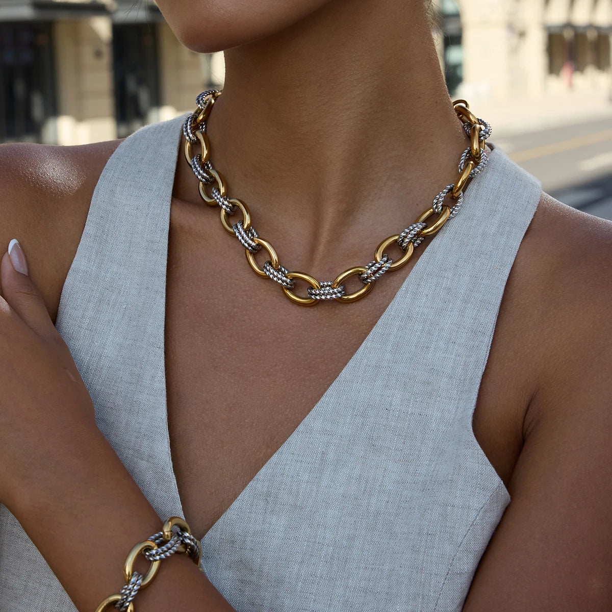 J&D Minimalist 18K Gold and Stainless Steel Two Tone Color Matching Oval Smooth Twist Bracelets Necklaces