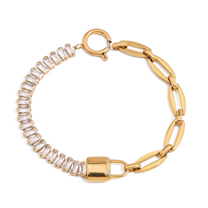 J&D 18K Gold Plate Stainless Steel Bracelet Trendy Romance Heart Zircon Lockable Tennis Bracelets Semi Mount