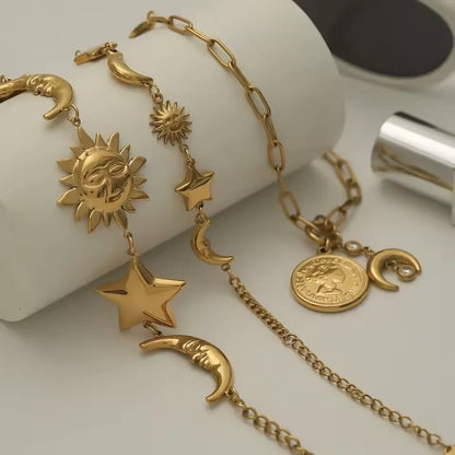 J&D Waterproof Beach Ocean Star Moon Bracelet Stainless Steel Stackable Coin Sun Pendant Bracelet Women's Jewelry