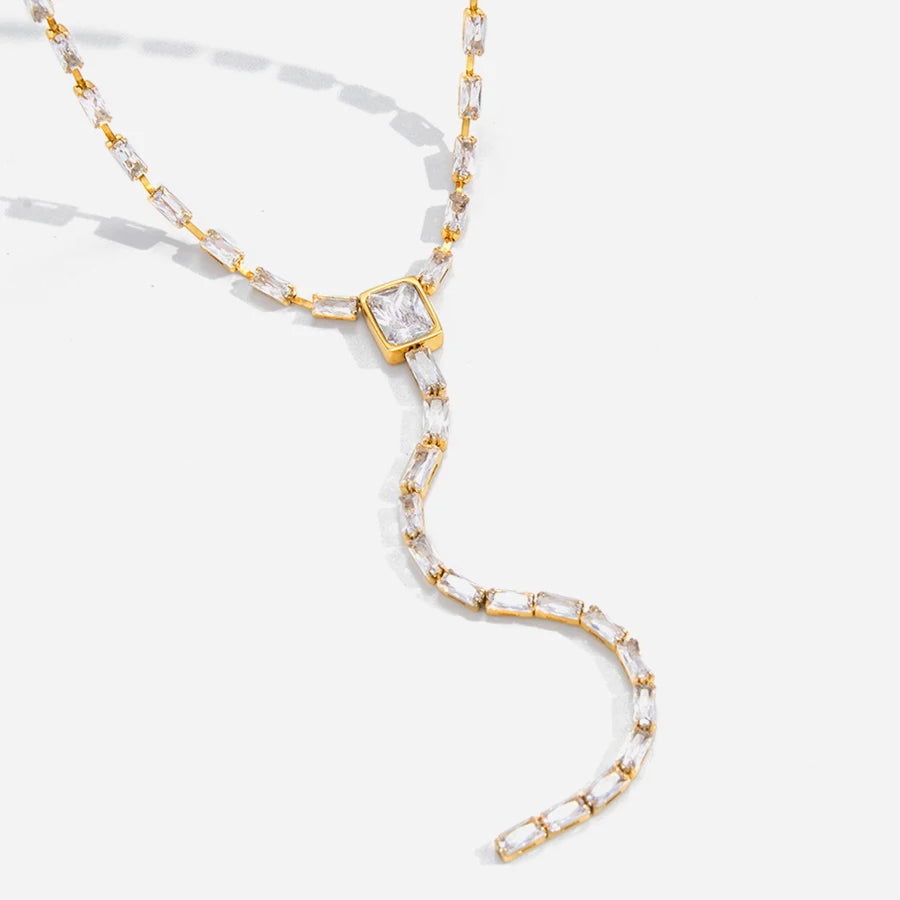 J&D Modern Linear Asymmetric Y Necklace for Women 18K Gold Plated Stainless Steel Linear Bar Pendant with Bold Chain Tassel