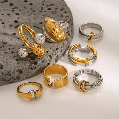 J&D Modern Chic 18K Gold Stainless Steel Rings Two-Tone Layered Ribbed Gold Silver Mixed Design Rings