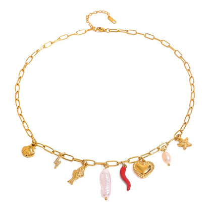 J&D 18K Gold Plating Stainless Steel Heart Shell Ceramic Coral  Starfish Conch Sea  Snail Fish Pearl Shell Ocean Charms Necklace