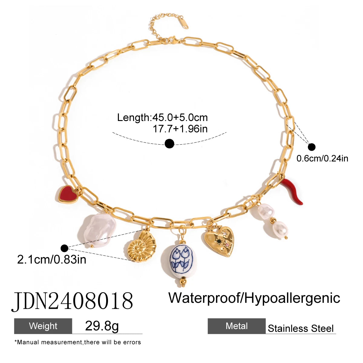 J&D 18K Gold Plating Stainless Steel Heart Shell Ceramic Coral  Starfish Conch Sea  Snail Fish Pearl Shell Ocean Charms Necklace