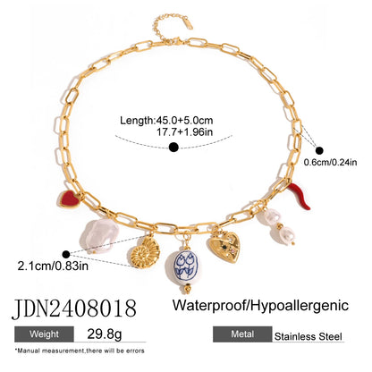 J&D 18K Gold Plating Stainless Steel Heart Shell Ceramic Coral  Starfish Conch Sea  Snail Fish Pearl Shell Ocean Charms Necklace