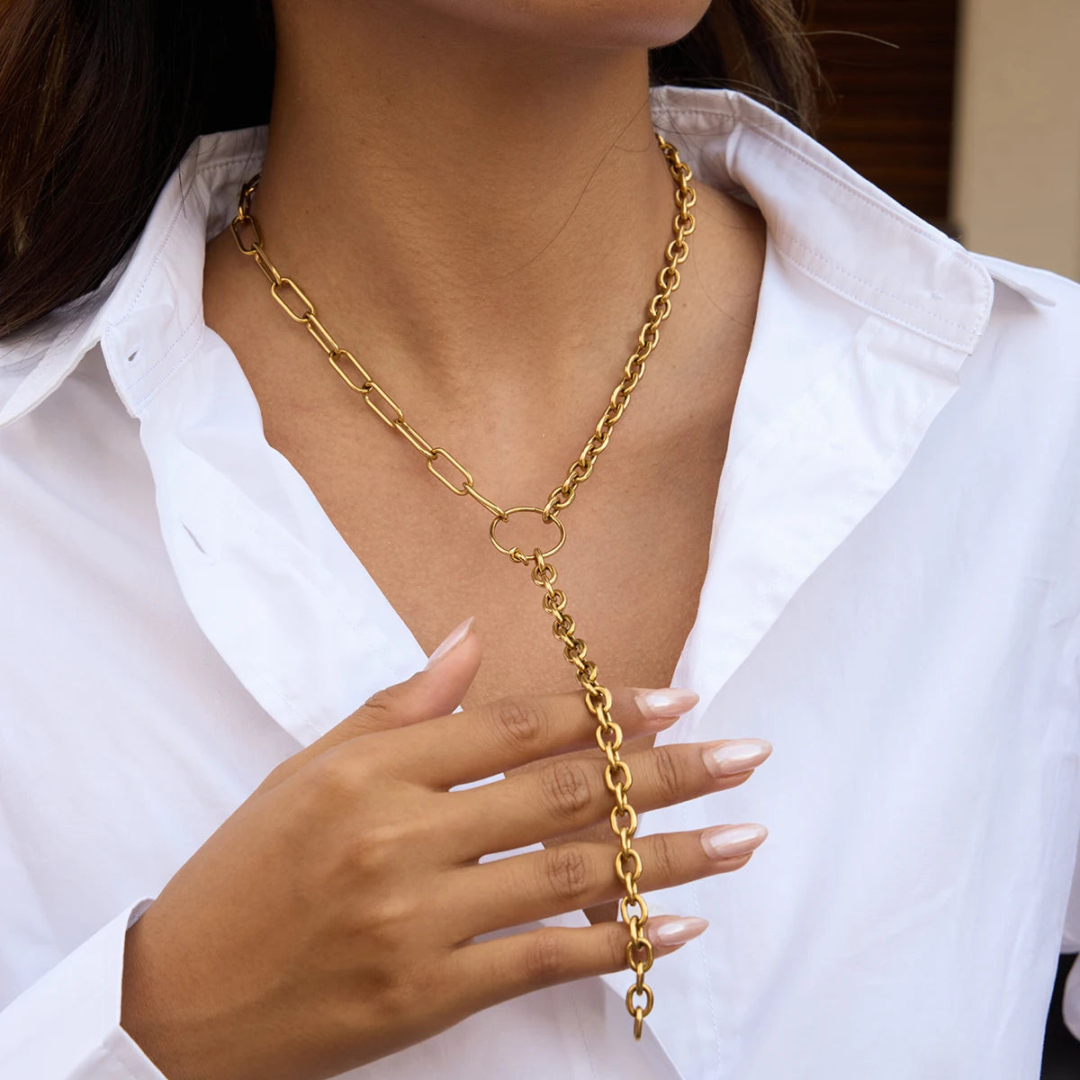 J&D Modern Linear Asymmetric Y Necklace for Women 18K Gold Plated Stainless Steel Linear Bar Pendant with Bold Chain Tassel