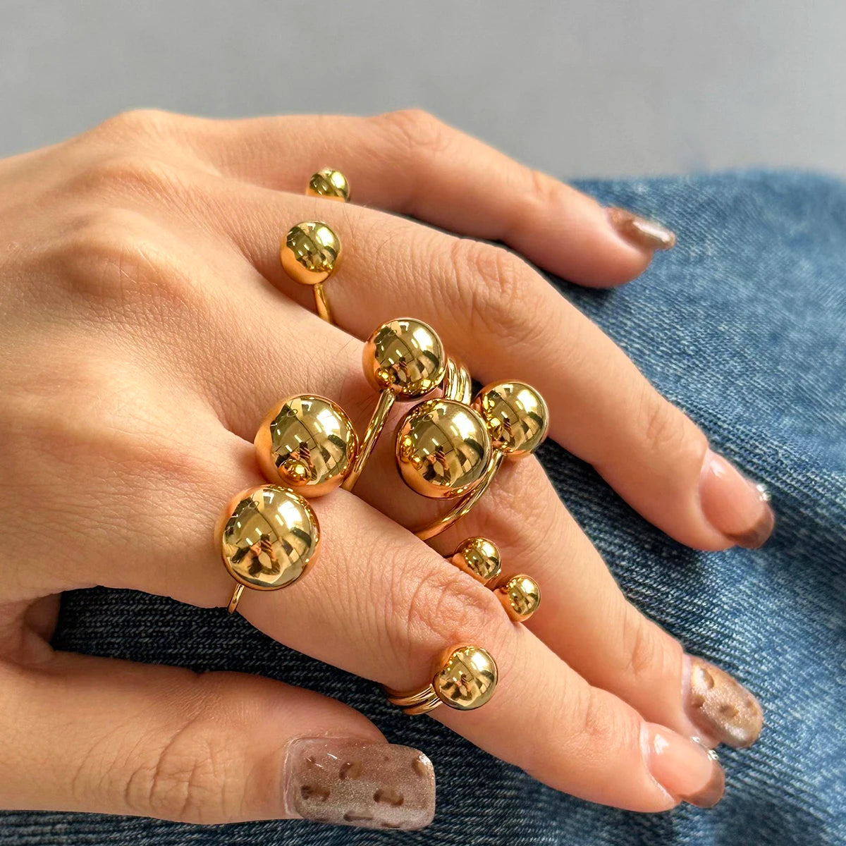 J&D Minimalist Jewelry 18K Gold Plated Ball Rings Stainless Steel  Metallic Ball Universe Design Chunky Opening Ring