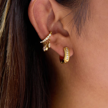 J&D Large Zircon Cuff Earring for Women Real Gold Plated Tassel Luxury Solitaire Cuff Earring
