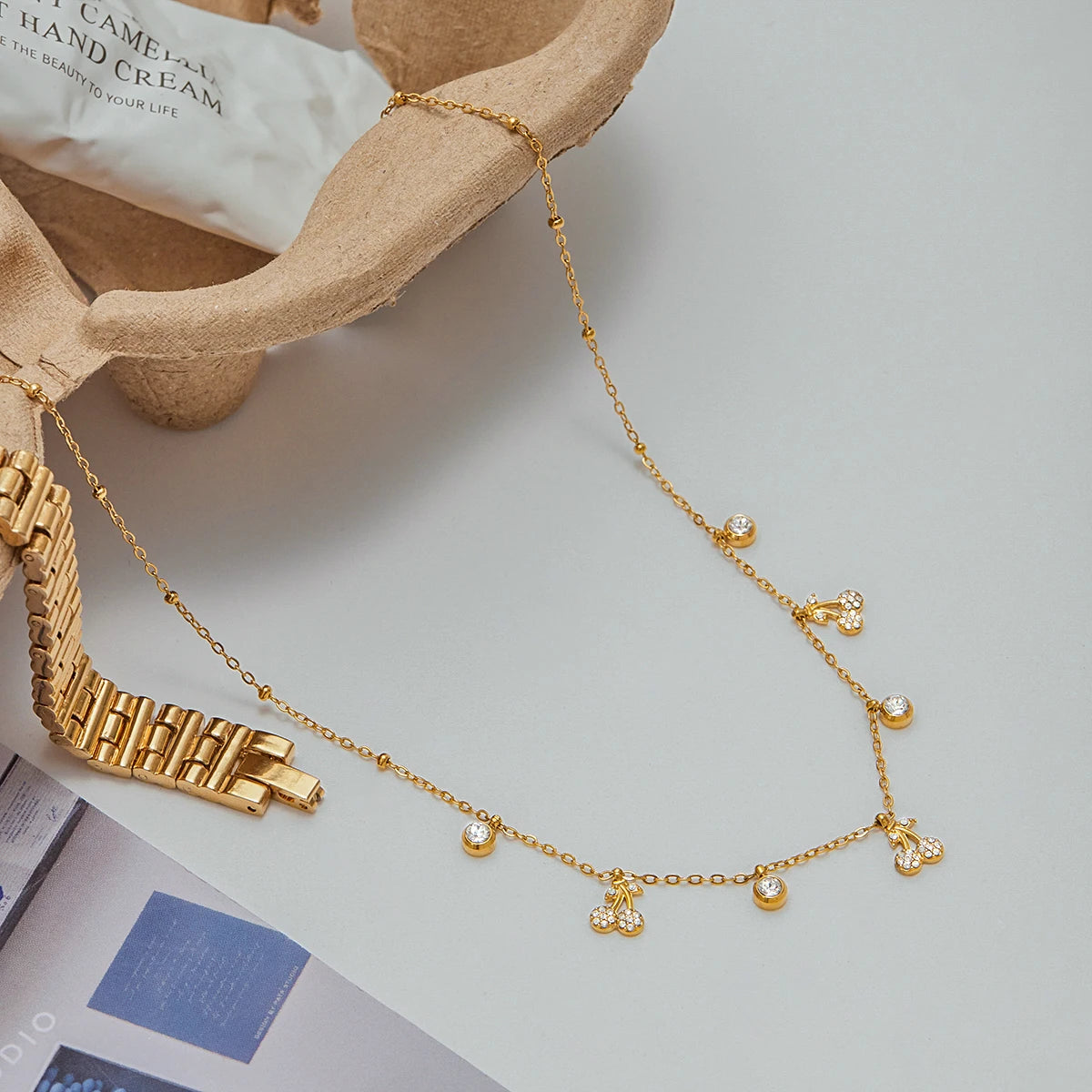 J&D Classic Jewelry 18K Gold Stainless Steel Dainty Necklaces Women Rhinestone Cherry Charms Necklaces