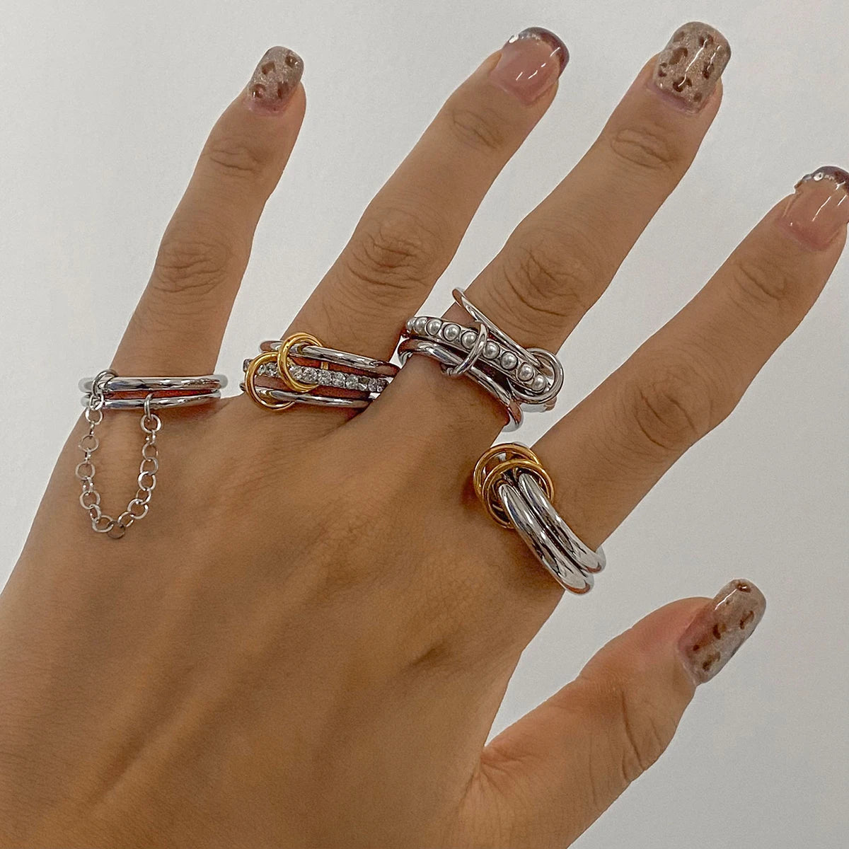 J&D Luxury 18K Gold Plated Stainless Steel  Rings Women Jewelry Irregular Wave Double Finger Rings Sets
