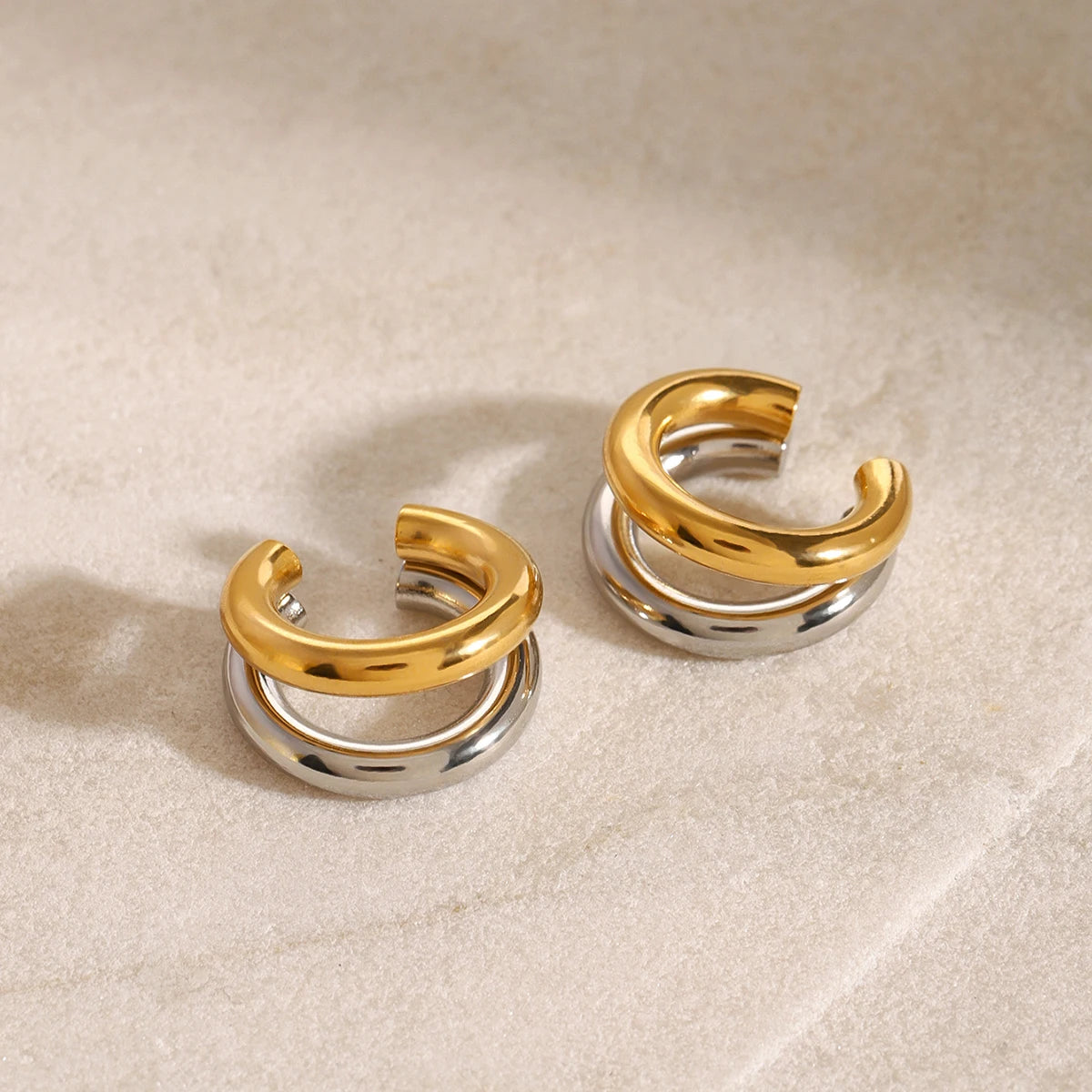 18K PVD Gold Plated Stainless Steel Ear Clips Waterproof Double-layer Two Tone C-shaped Hoop Ear Cuff